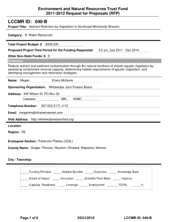 LCCMR ID: 040-B  Project Title:  Nutrient Retention by Vegetation in Southeast Minnesota Streams