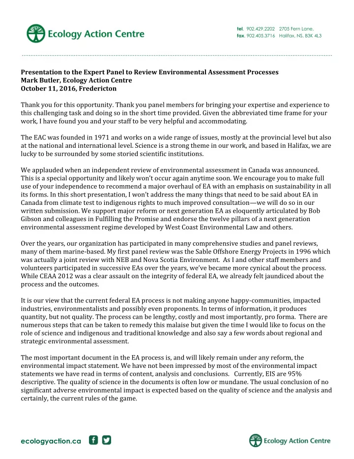 presentation to the expert panel to review environmental