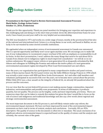 Presentation to the Expert Panel to Review Environmental Assessment Processes  Mark Butler, Ecology