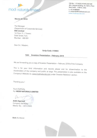 Modi Naturals Ltd. Investor Presentation  February 2018 Indias Finest Range of Branded Edible