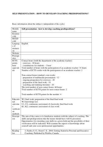 SELF-PRESENTATION  HOW TO DEVELOP COACHING PREDISPOSITIONS?  Basic information about the subject