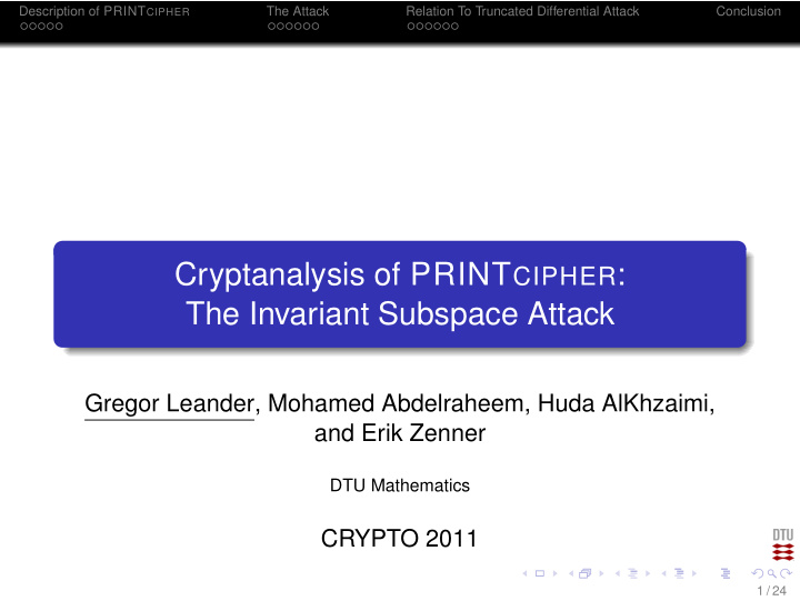 cryptanalysis of print cipher the invariant subspace