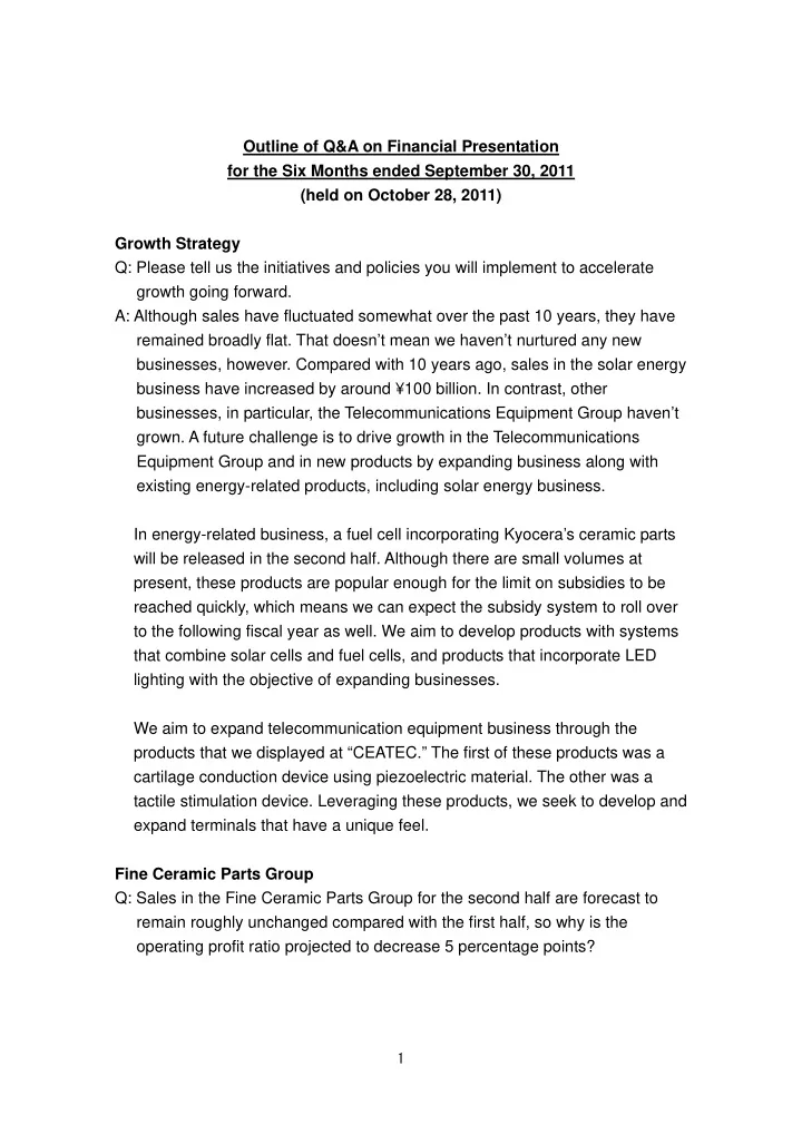outline of q a on financial presentation for the six