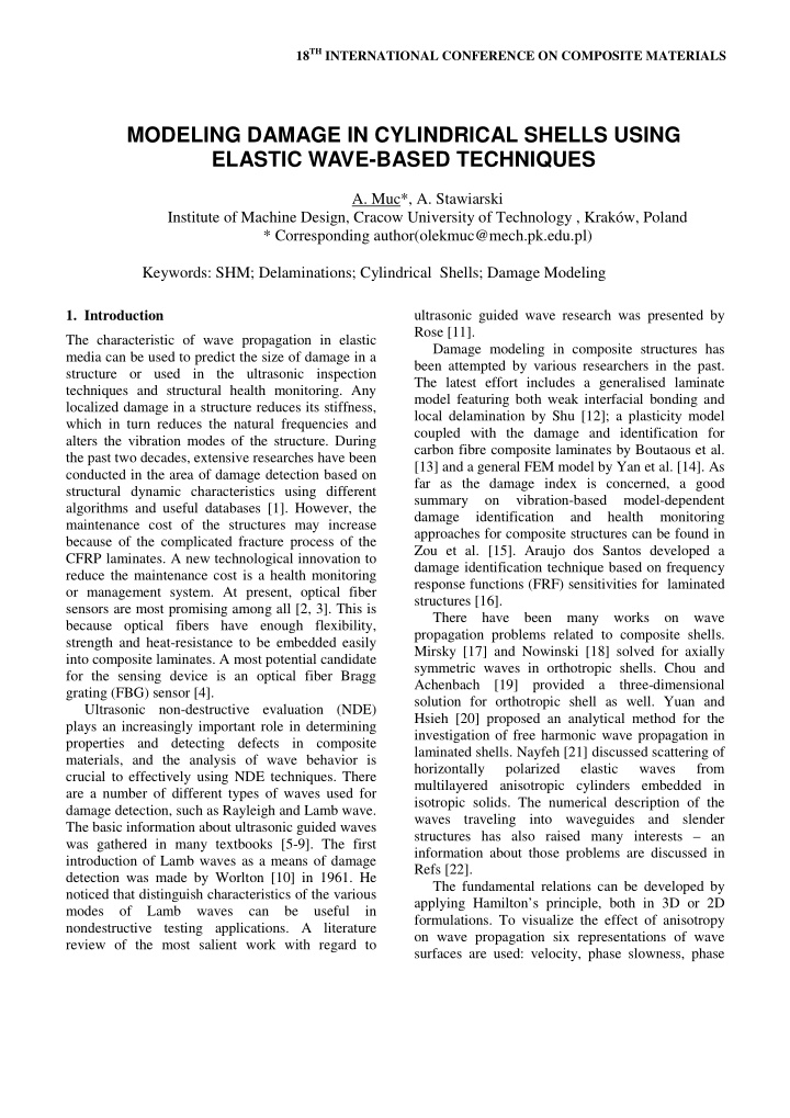 modeling damage in cylindrical shells using elastic wave