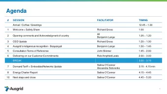 Agenda  #  SESSION  FACILITATOR  TIMING 12.45  1.00  Arrival / Coffee / Greetings  1  Welcome +