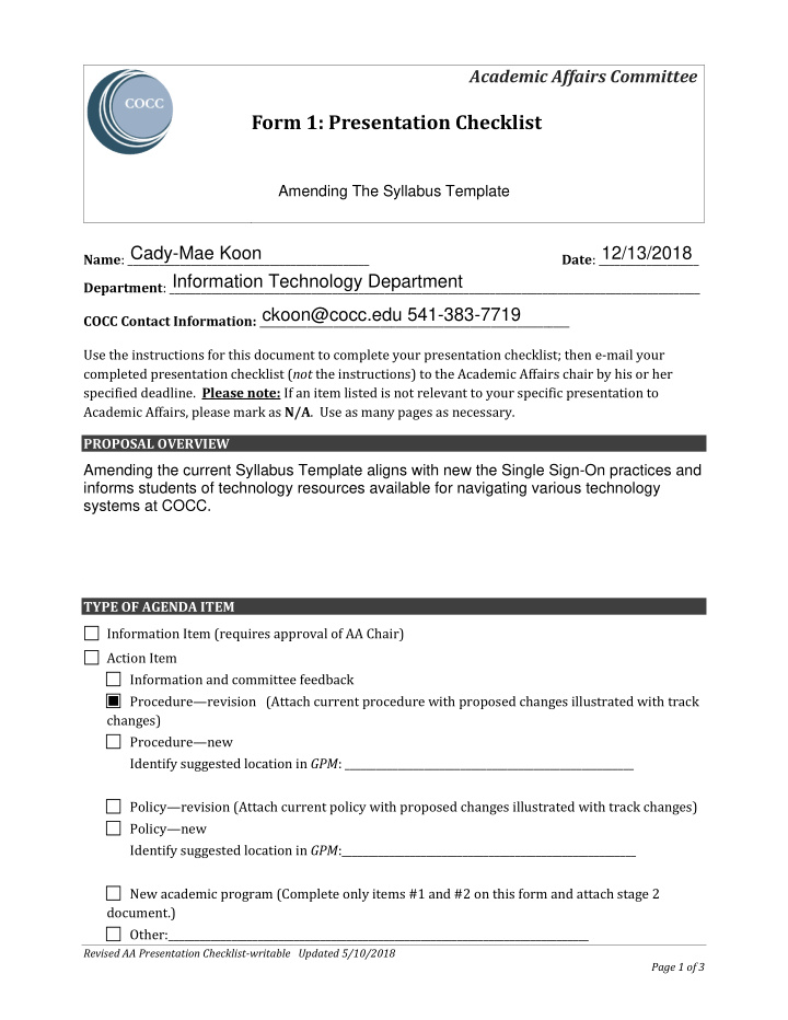 form 1 presentation checklist