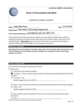 Form 1: Presentation Checklist  Amending The Syllabus Template  Cady-Mae Koon  12/13/2018 Name :