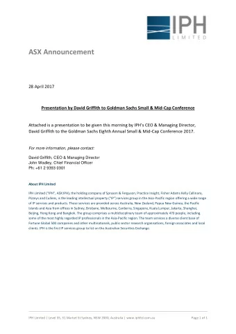 ASX Announcement  28 April 2017  Presentation by David Griffith to Goldman Sachs Small &amp;