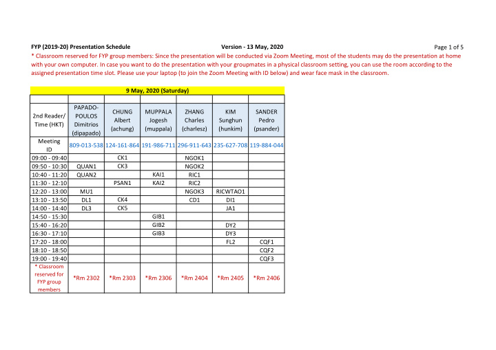 fyp 2019 20 presentation schedule version 13 may 2020