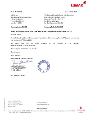 LIL:CS:IP:2020-21  Date : 20.06.2020  BSE Limited  The National Stock Exchange of India Limited
