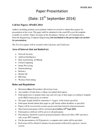 Paper Presentation (Date: 15 th September 2014) Call for Papers: SPARX-2014  Authors including