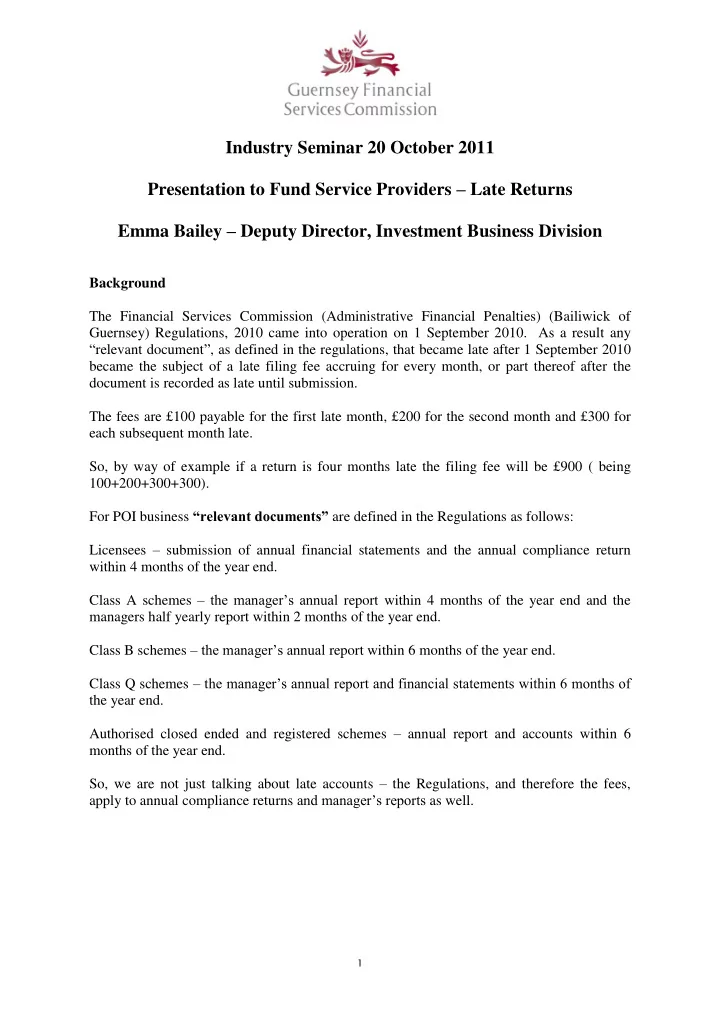 industry seminar 20 october 2011 presentation to fund