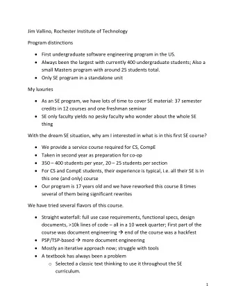 Jim Vallino, Rochester Institute of Technology  Program distinctions  First undergraduate