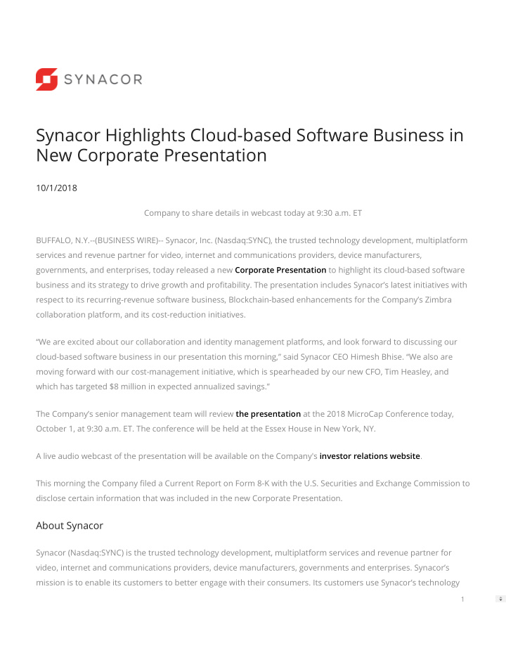 synacor highlights cloud based software business in new