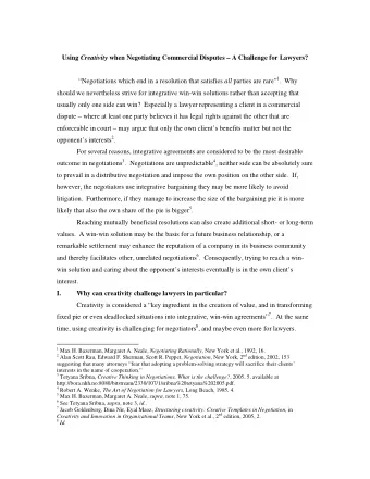 Using Creativity when Negotiating Commercial Disputes  A Challenge for Lawyers? Negotiations