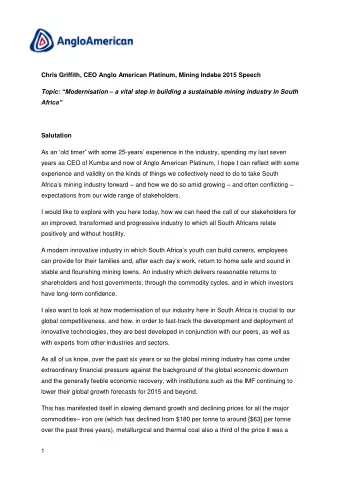 Chris Griffith, CEO Anglo American Platinum, Mining Indaba 2015 Speech Topic:  Modernisation