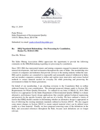 Submitted via email: paula.wilson@deq.idaho.gov  Re:  DEQ Negotiated Rulemaking - Ore Processing by