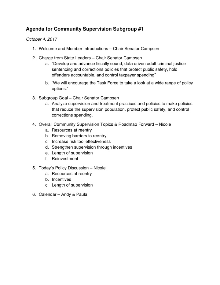 agenda for community supervision subgroup 1