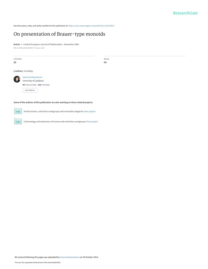 on presentation of brauer type monoids