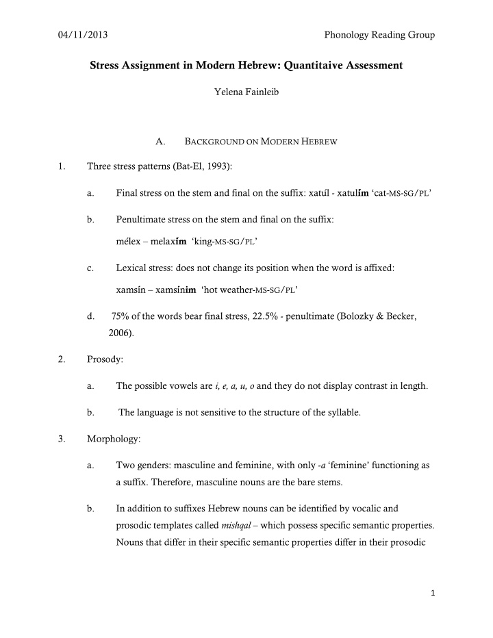 stress assignment in modern hebrew quantitaive assessment