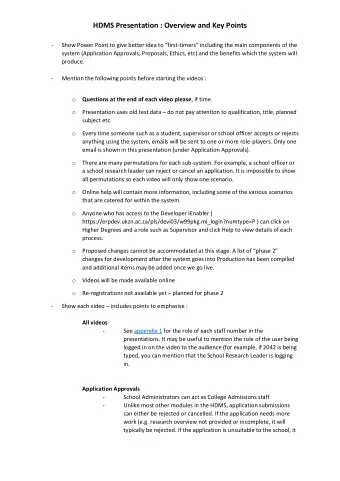 HDMS Presentation : Overview and Key Points - Show Power Point to give better idea to first -