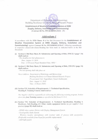 Addendum-I In accordancc uith the ITB Clause- 8 of the Bid Docunrent for the Establishment of