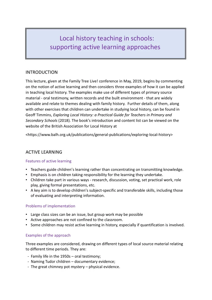 local history teaching in schools