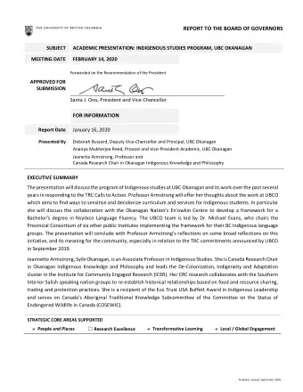 REPORT TO THE BOARD OF GOVERNORS  SUBJECT  ACADEMIC PRESENTATION: INDIGENOUS STUDIES PROGRAM, UBC