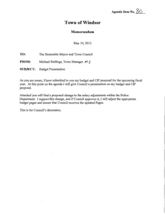Agenda Item No. 8e- Town of Windsor  Memorandum  May 14,2013  The Honorable Mayor and Town Council