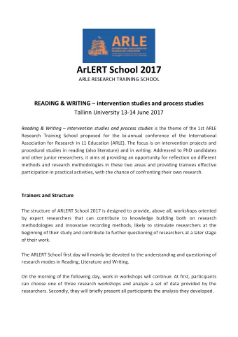 ArLERT School 2017 ARLE RESEARCH TRAINING SCHOOL READING &amp; WRITING  intervention studies and