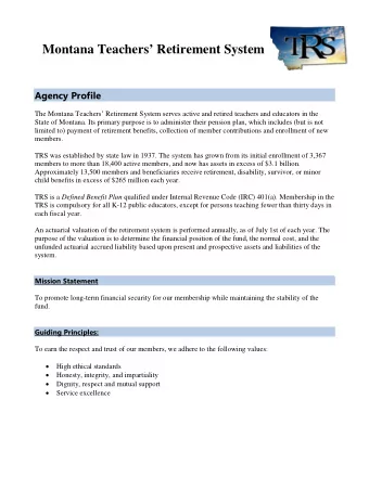 Montana Teachers Retirement System  Agency Profile  The Montana Teachers Retirement System