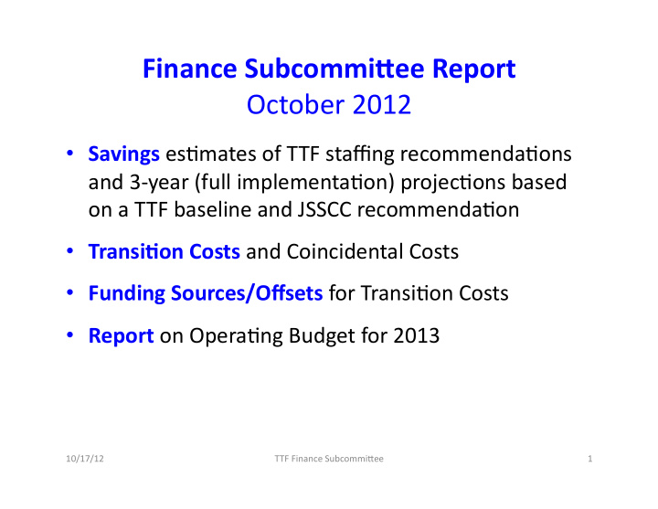 finance subcommi ee report october 2012