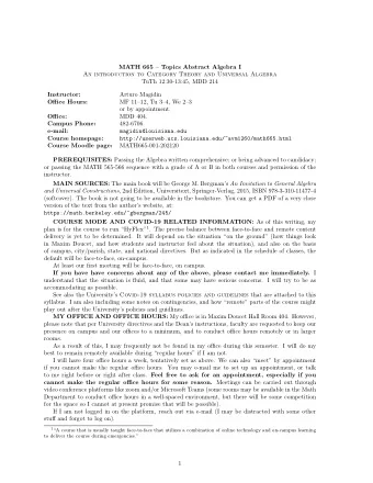 MATH 665  Topics Abstract Algebra I  An introduction to Category Theory and Universal Algebra