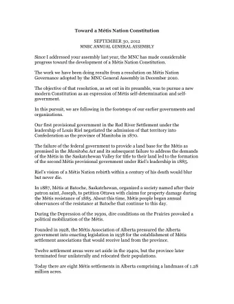 Toward a Mtis Nation Constitution  SEPTEMBER 30, 2012 MNBC  ANNUAL  GENERAL  ASSEMBLY