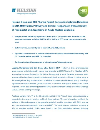 Helsinn Group and MEI Pharma Report Correlation between Mutations  in DNA Methylation Pathway and