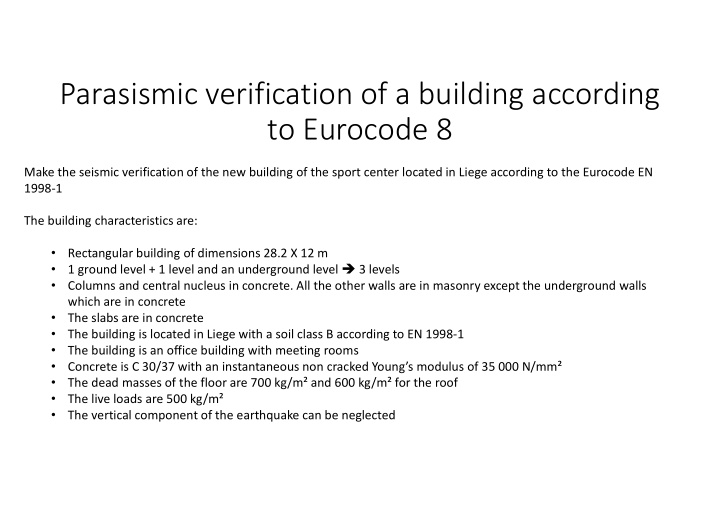 parasismic verification of a building according to