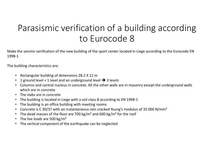 parasismic verification of a building according to