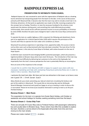 RADIPOLE EXPRESS Ltd.  PRESENTATION TO WEYMOUTH TOWN COUNCIL  Radipole Express Ltd. was conceived