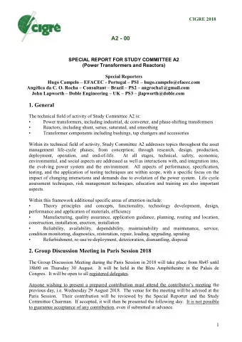 A2 - 00  SPECIAL REPORT FOR STUDY COMMITTEE A2  (Power Transformers and Reactors)  Special