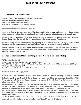 2013 ROYAL HECHT AWARDS 1. CIMARRONS RAGING RAMPAGE  AWARD:   ROYAL HECHT BRED-BY AWARD,