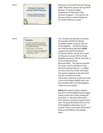 Welcome to the CACFP Annual Training  called Recipe for Success during CACFP  Recipe for Success