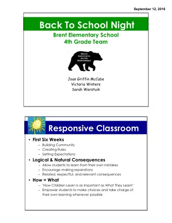 Back To School Night  Brent Elementary School  4th Grade Team  Joan Griffin McCabe  Victoria