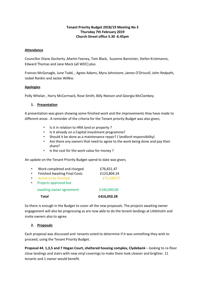 tenant priority budget 2018 19 meeting no 3 thursday 7th
