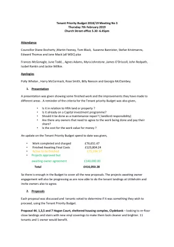 Tenant Priority Budget 2018/19 Meeting No 3  Thursday 7th February 2019  Church Street office 5.30