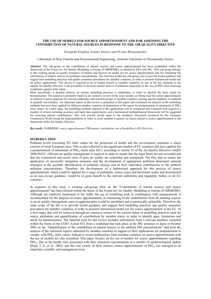 the use of models for source apportionment and for