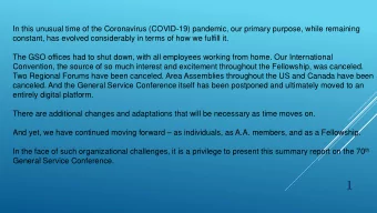 1 70 th  GENERAL SERVICE  CONFERENCE  2020: A CLEAR VISION FOR YOU  MAY 16  MAY 19, 2020