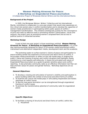 Women Making Airwaves for Peace:  A Workshop on Engendered Peace Journalism  A Collaborative