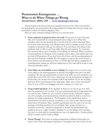 Presentation Emergencies   What to do When Things go Wrong  Arnold Sanow, MBA, CSP