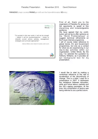 Paradiso Presentation November 2010  David Dickinson PARADISO (major societal PARADigm shift and