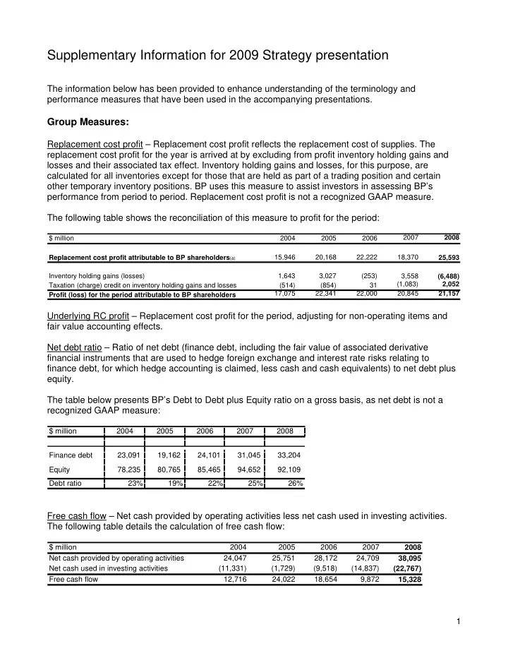 supplementary information for 2009 strategy presentation